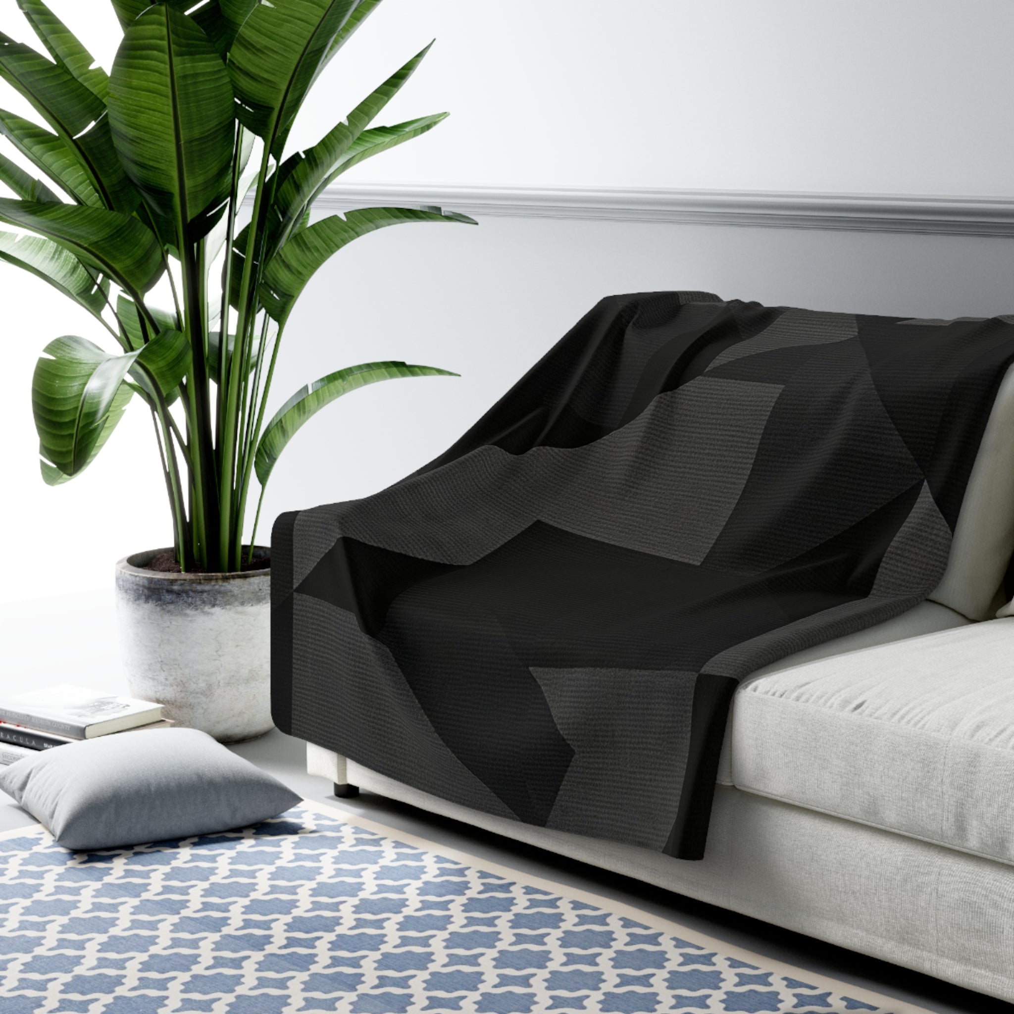 Black and Coal Gray Geometrical Sherpa Fleece Blanket