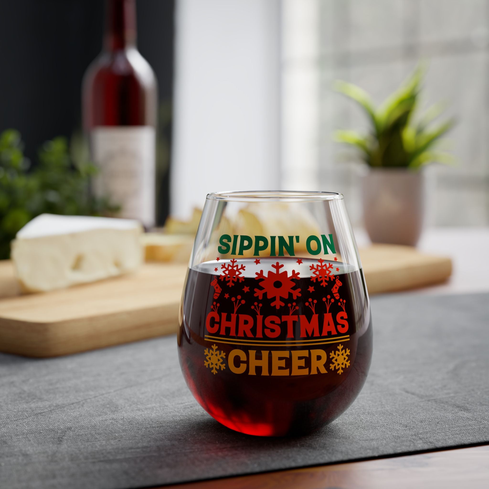 Christmas Stemless Wine Glass, Sipping on Christmas Cheer 11.75oz