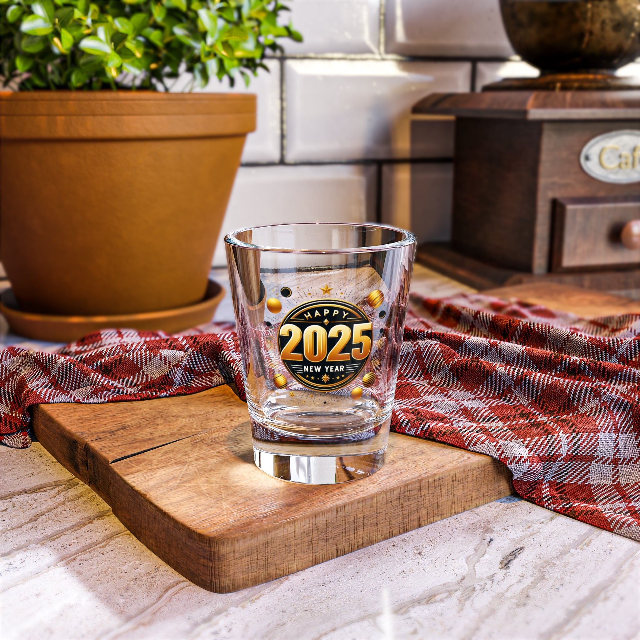 Black and Gold 2025 New Years Eve Shot Glass, 1.5oz