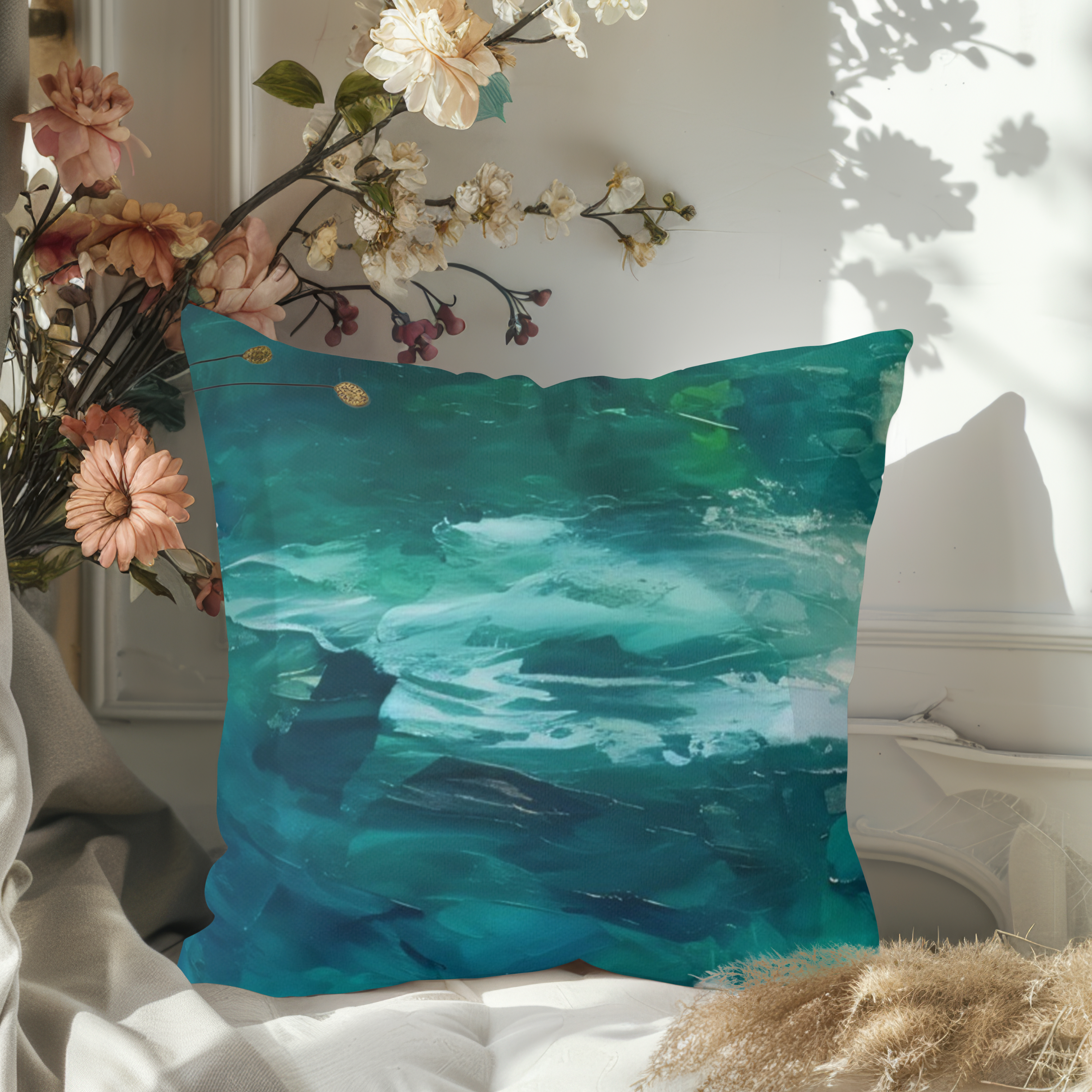 Teal Oceanscape Square Throw Pillow