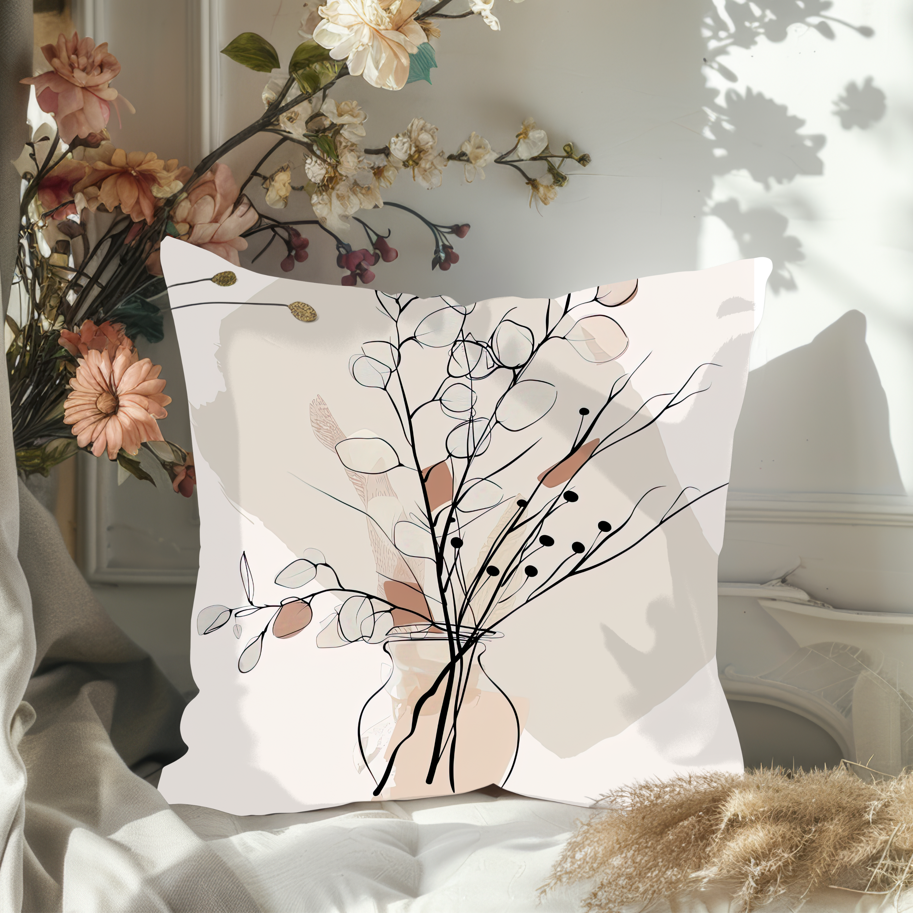 Eucalyptus Bunch Minimalist Line Art Pillow