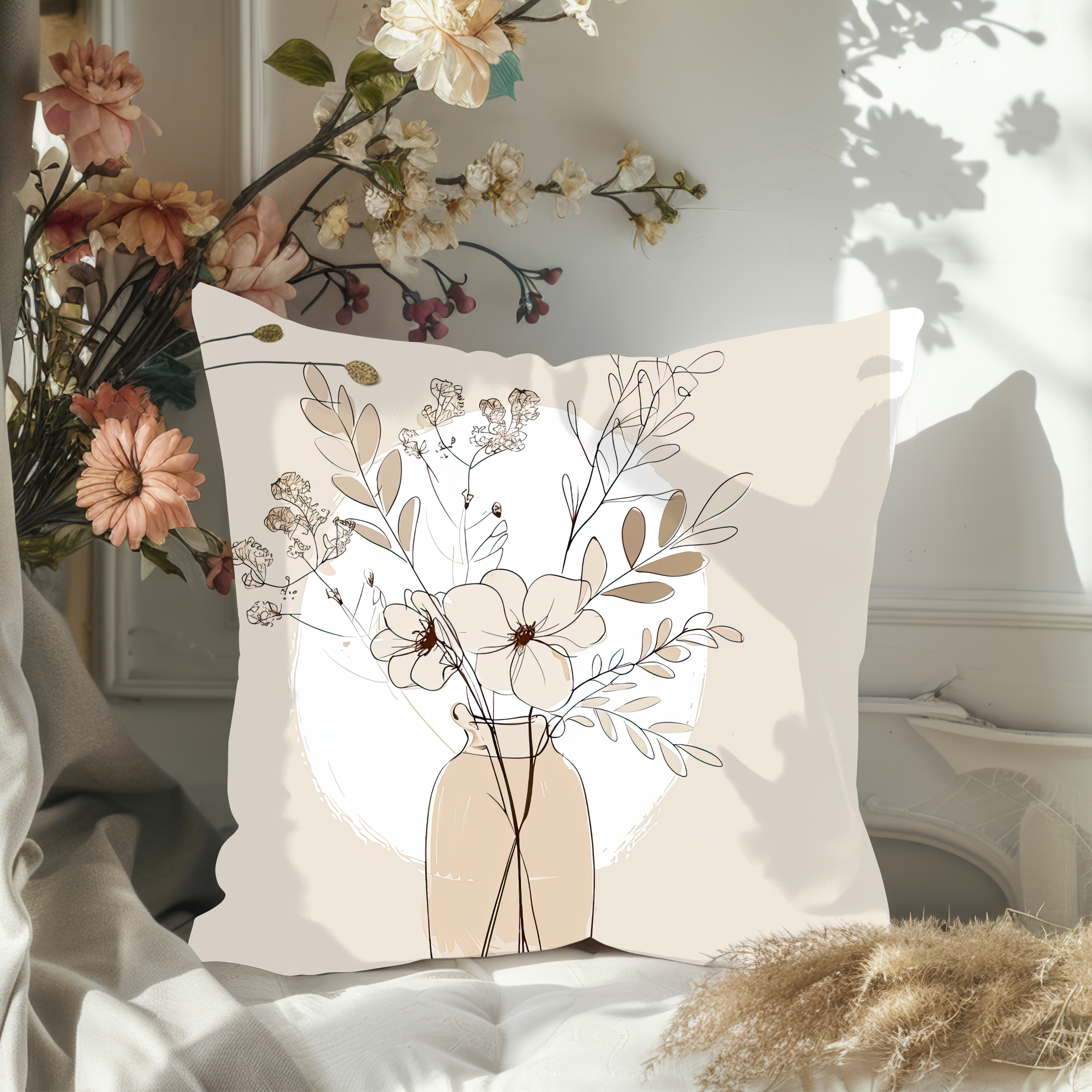 Eucalyptus in Vase Line Art Pillow