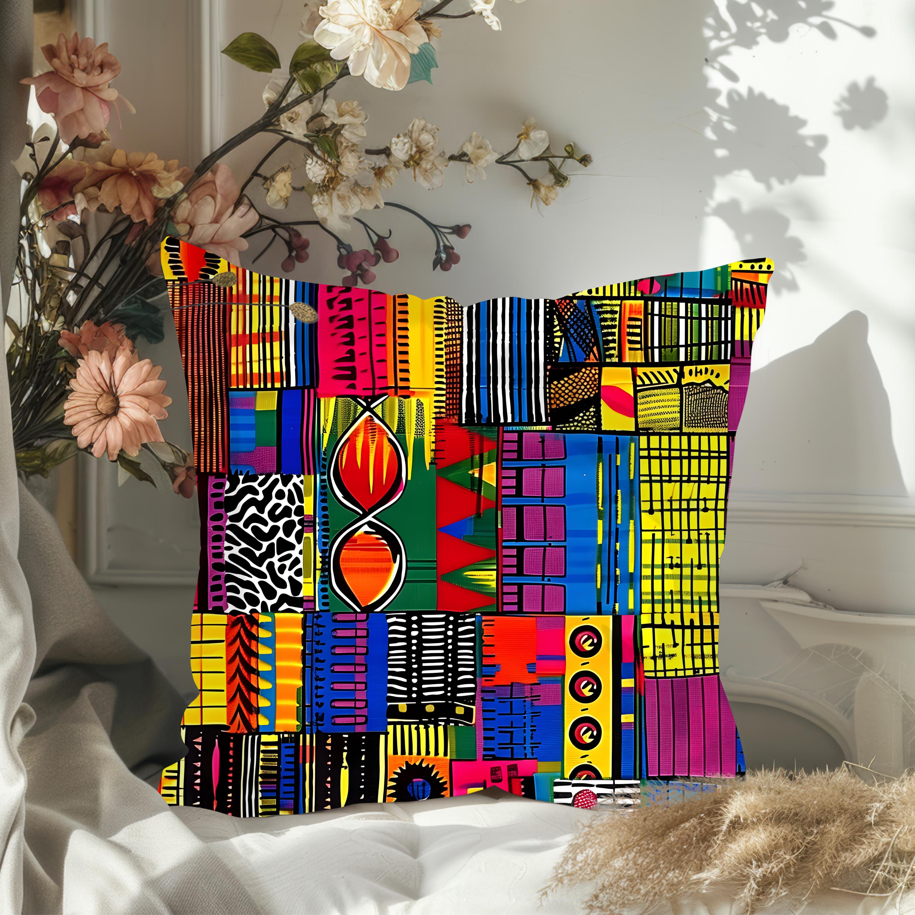 African Kente Print Spun Polyester Square Pillow